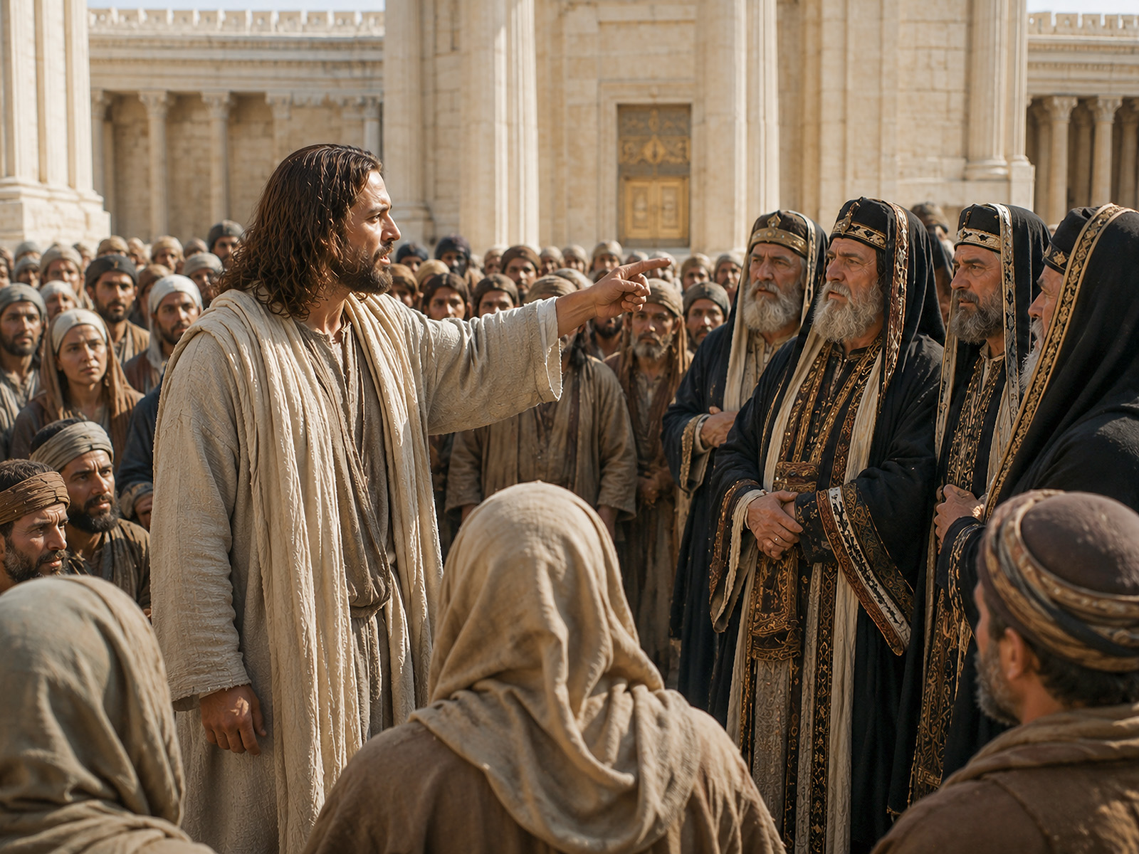 Jesus pronouncing woes on scribes and Pharisees.